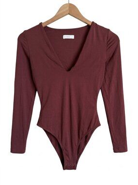 Kookai Deep V Long Sleeve Bodysuit - Maroon